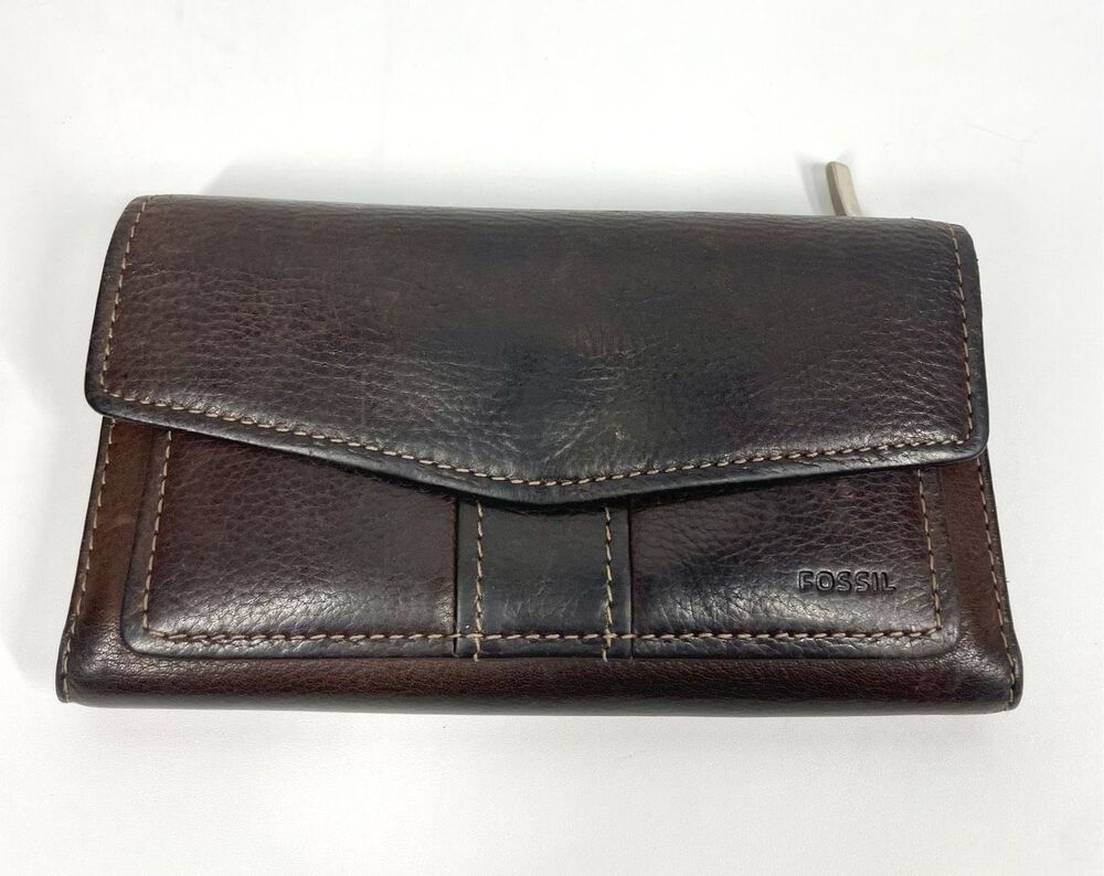 Vintage Fossil Emory Dark Brown Leather Contrast Stitching Envelope Snap Wallet